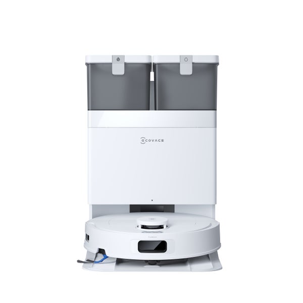 Ecovacs Saugroboter mit Dockingstation und zwei oben liegenden Wassertanks.