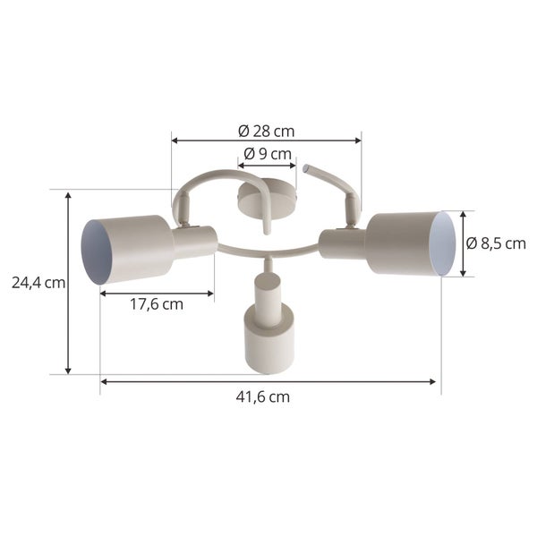 Technische Zeichnung einer Deckenleuchte mit drei Strahlern und Maßangaben