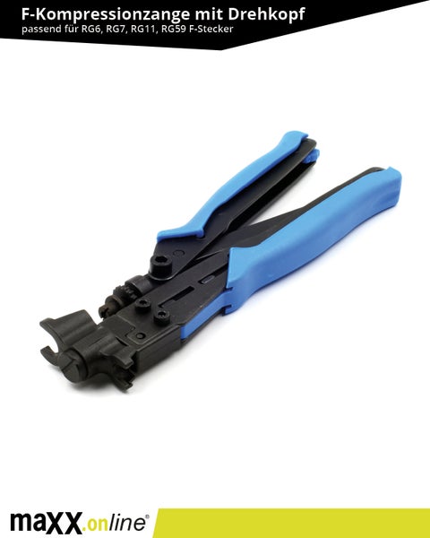 Kompressionszange für F-Stecker mit flexiblem Drehkopf für RG6, RG7, RG11, RG59 F-Kompressionsstecker, Koaxialkabel, Antennenkabel, Sat-Kabel