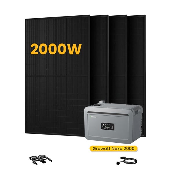 Growatt Nexa 2000 Photovoltaik-Set bestehend aus vier Solarmodulen mit 2000 Watt Leistung, einem Wechselrichter und Anschlusskabeln.