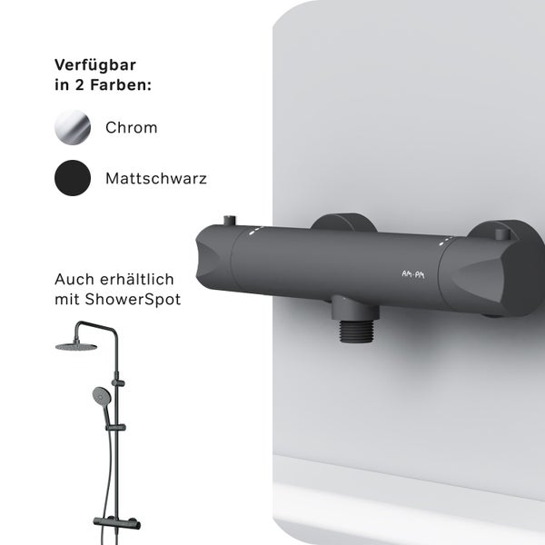 Thermostat Duscharmatur von AM PM Design an einer Wand montiert mit Eco Funktion und Temperaturbegrenzung bei 38 Grad.