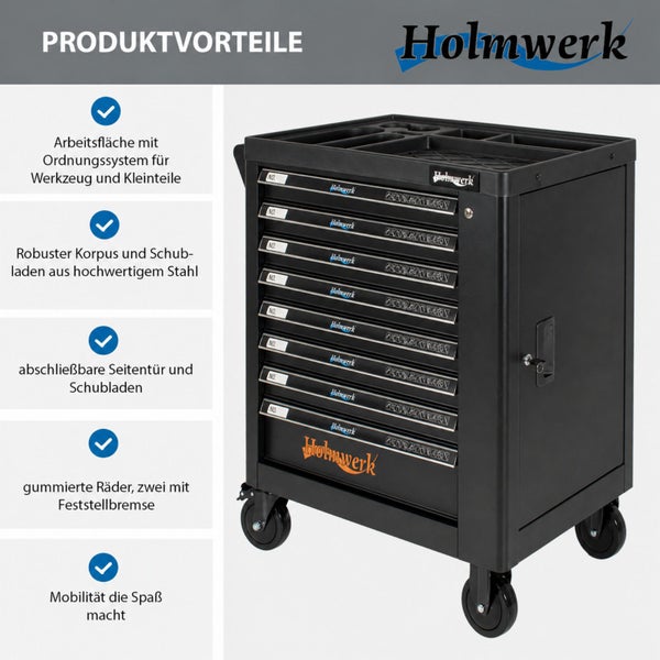 Schwarzer Holmwerk Werkstattwagen aus Stahl mit sieben Schubladen, abschließbarer Seitentür und Arbeitsfläche mit Ordnungssystem. Holmwerk Logo.