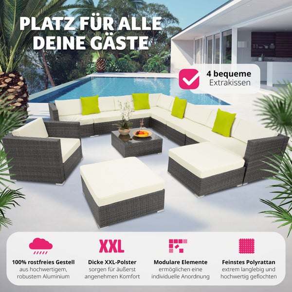 Rattan Lounge tectake Las Vegas mit Sicherheitsglasplatte mit Aluminiumgestell grau