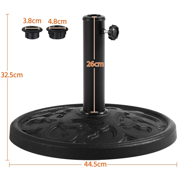 Abmessungen eines runden Sonnenschirmständers aus Gusseisen mit Standrohr und zwei Adaptern