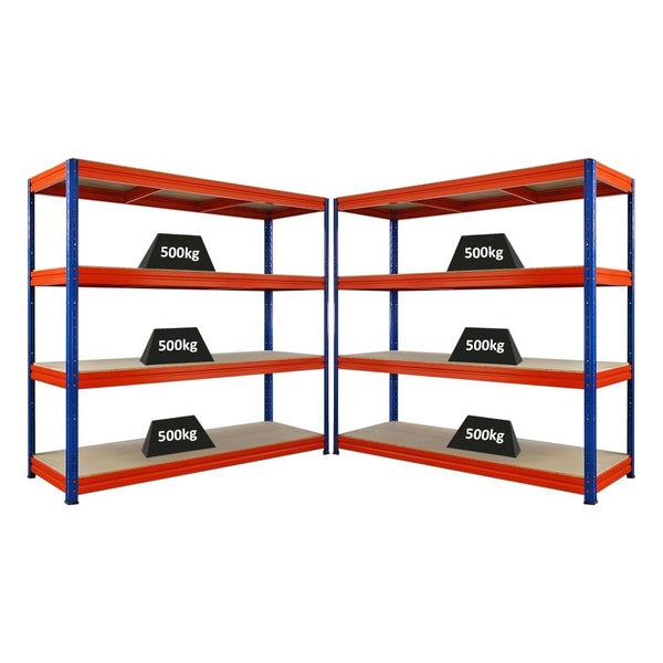 Zwei Schwerlastregale mit jeweils drei Regalböden und einer Traglast von 500 Kilogramm