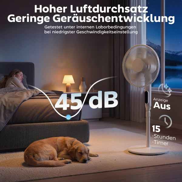 Leiser Standventilator im Schlafzimmer bei Nacht mit 45 Dezibel Geräuschpegel, 15 Stunden Timer und Display Aus Funktion.