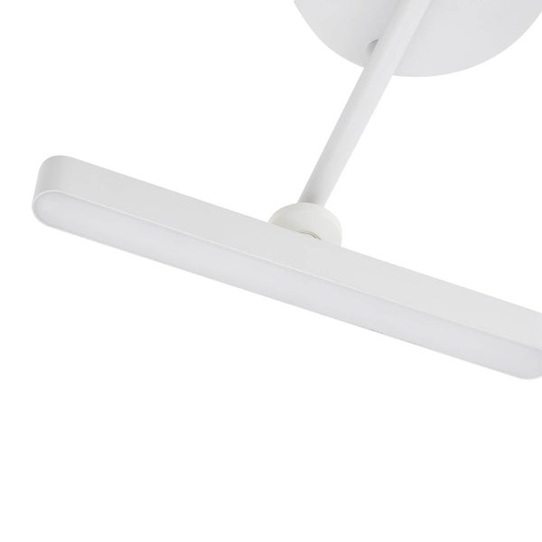 Moderne, längliche LED-Leuchte in Weiß mit runder Deckenhalterung und schmalem Verbindungssteg.