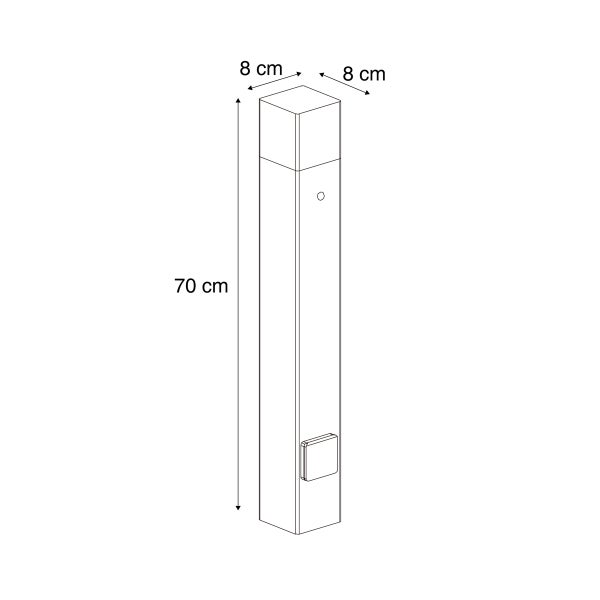 Technische Zeichnung einer Pollerleuchte mit den Maßen 70 Zentimeter Höhe, 8 Zentimeter Breite und 8 Zentimeter Tiefe.