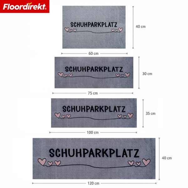 Vier Fußmatten von Floordirekt mit der Aufschrift Schuhparkplatz und Herzmotiven in verschiedenen Größen, dargestellt mit Bemaßung.
