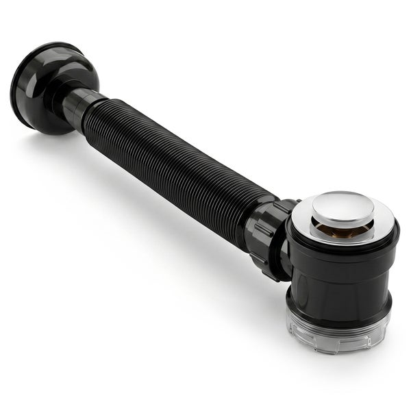 Flexibler Siphon mit Pop-up-Ablaufgarnitur aus Kunststoff und Metall für Waschbecken.