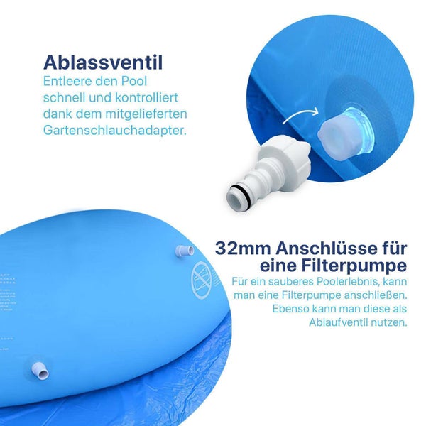 Detailaufnahme eines Pools mit Ablassventil und Gartenschlauchadapter