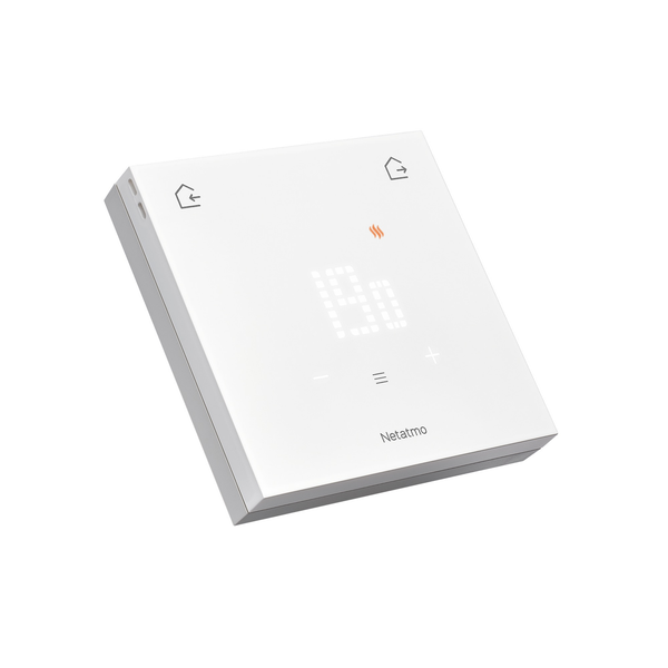 Weißes Netatmo Smartes Thermostat mit digitaler Anzeige von 19 Grad Celsius, Touch-Steuerung und Netatmo Logo.