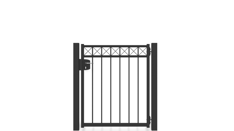 Gartentor ZAUNGURU BASIC-Linie Oldenburg Kreuz aus Metall, Höhe: 123cm, Breite: 123cm, 1-flügelig inkl. Pfosten, Schloss und Zubehör, Feuerverzinkt und in RAL 7016 Anthrazitgrau pulverbeschichtet
