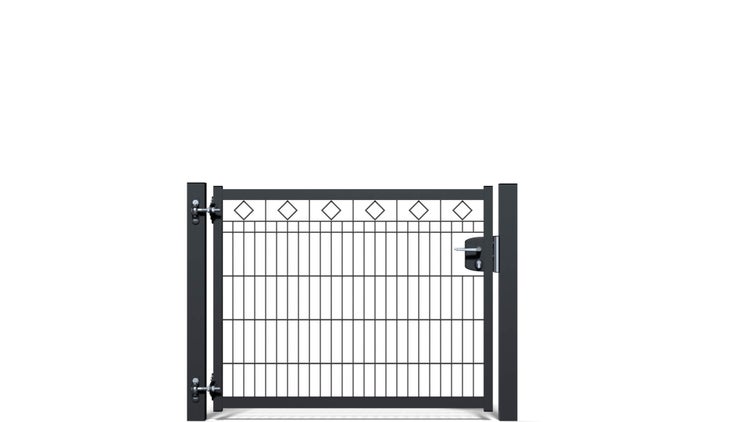 Gartentür ZAUNGURU BASIC-Linie Raute aus Metall, Höhe: 103cm, Breite: 150cm, 1-flügelig inkl. Pfosten, Schloss und Zubehör, Feuerverzinkt und zusätzlich in RAL 7016 Anthrazitgrau pulverbeschichtet