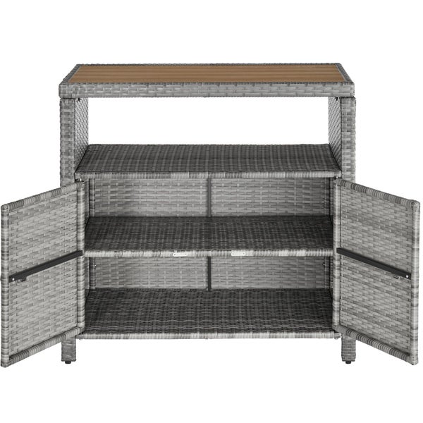 Gartensideboard aus Polyrattan mit Holzplatte, offenen Türen und mehreren Regalböden.