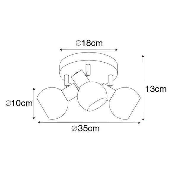 Abbildung einer Deckenleuchte mit drei Strahlern und Maßangaben.