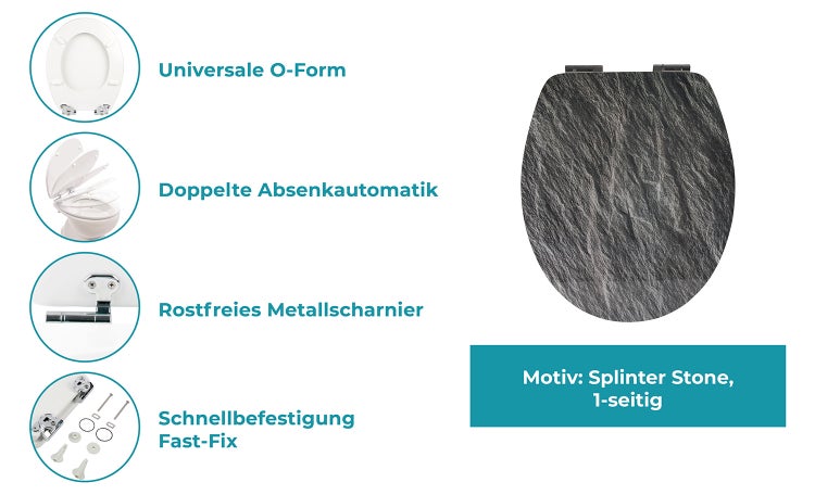 Calmwaters® WC Sitz mit Absenkautomatik, Stein-Motiv Splinter Stone, Holzkern Toilettendeckel, Fast-Fix, Metallscharnier, universale O-Form, ovaler Klodeckel, Toilettensitz Stein, Anthrazit, 26LP5013