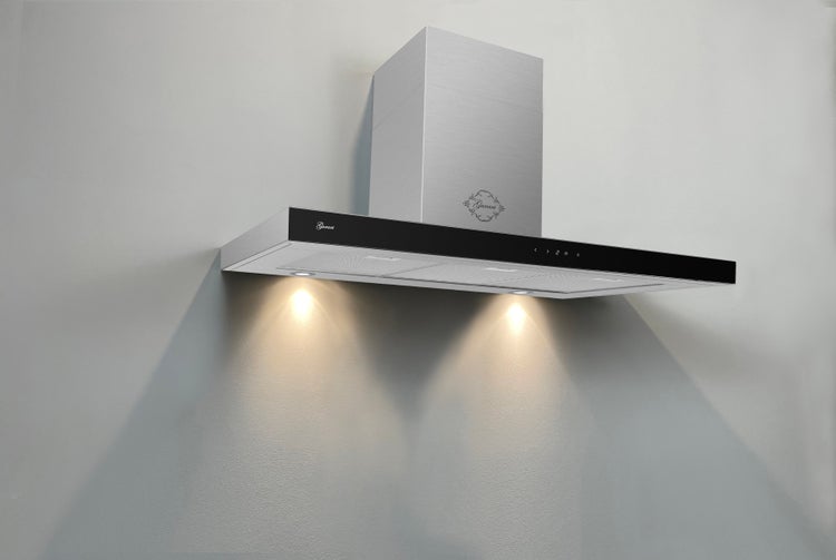 Gurari Wandhaube aus Edelstahl mit schwarzer Glasfront, Touch-Bedienung und LED-Beleuchtung.