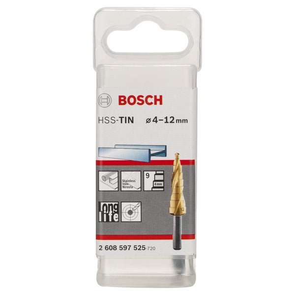 Bosch Stufenbohrer HSS-TiN mit Durchmesser 4 bis 12 Millimeter