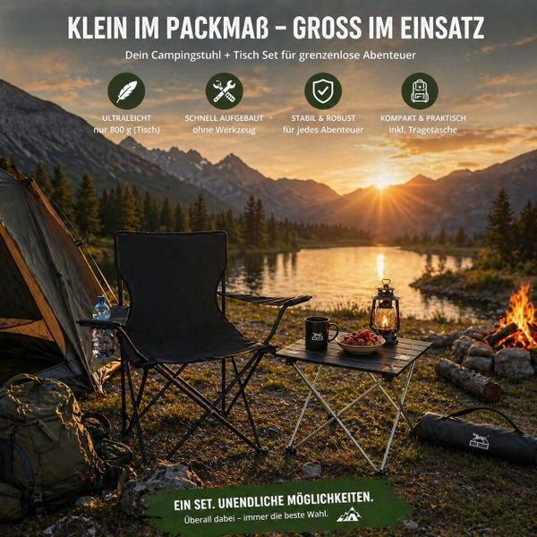 Campingstuhl und Tisch Set vor einer Berglandschaft mit Zelt und Lagerfeuer, leicht, faltbar und stabil mit inkludierter Tragetasche.