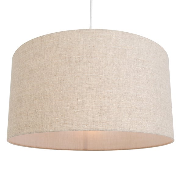 Zylindrischer Lampenschirm aus beigem Textil in Leinenoptik für Pendelleuchten.