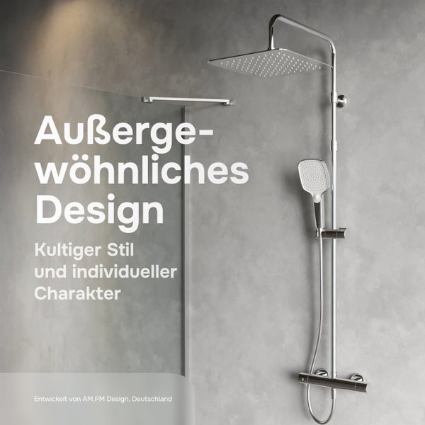 Duschsystem mit quadratischem Kopfbrause und Handbrause in einem modernen Badezimmer, entwickelt von AM.PM Design.