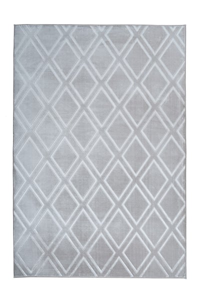 Rechteckiger grauer Teppich mit weißem geometrischem Rautenmuster.