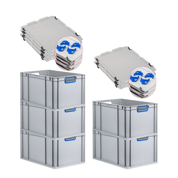 PROREGAL Spar Set 5x Eurobox Nextgen Color Mit Auflagedeckel & Schiebeschnappverschlüsse HxBxT 32 x 40 x 60 cm Griffe Blau Offen Verstärkter Boden