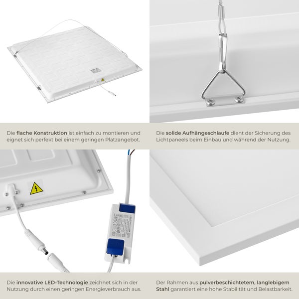 Detailansichten eines LED-Panels, das die flache Bauweise, Aufhängung, LED-Technologie und den Stahlrahmen zeigt.