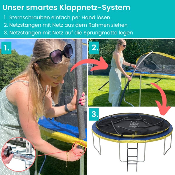 Anleitung zum Zusammenklappen eines Trampolinnetzes in drei Schritten: Schrauben lösen, Netzstangen entfernen, Netzstangen auf die Sprungmatte legen