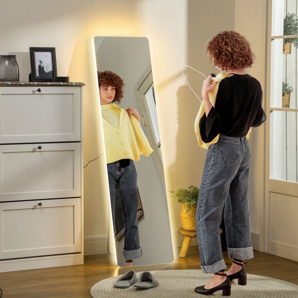 HOMCOM Ganzkörperspiegel mit LED-Beleuchtung, 150 x 40 cm Standspiegel mit 3 Lichtfarben, Wandspiegel mit Ständer, Touch-Schalter für Schlafzimmer, Wohnzimmer, Transparent
