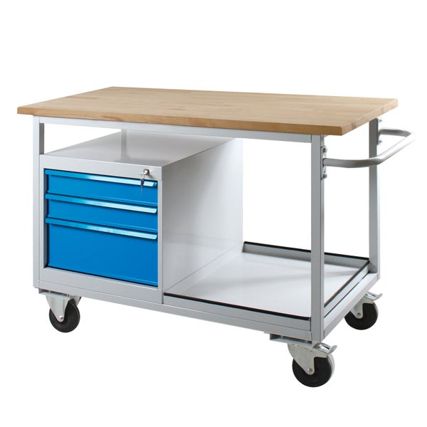 PROREGAL Mobile Werkbank Light Rhino mit Ablagefach 3 Schubladen HxBxT 85 x 130 x 60 cm 2 Lenkrollen 2 Bockrollen Traglast 300 kg Lichtgrau Blau