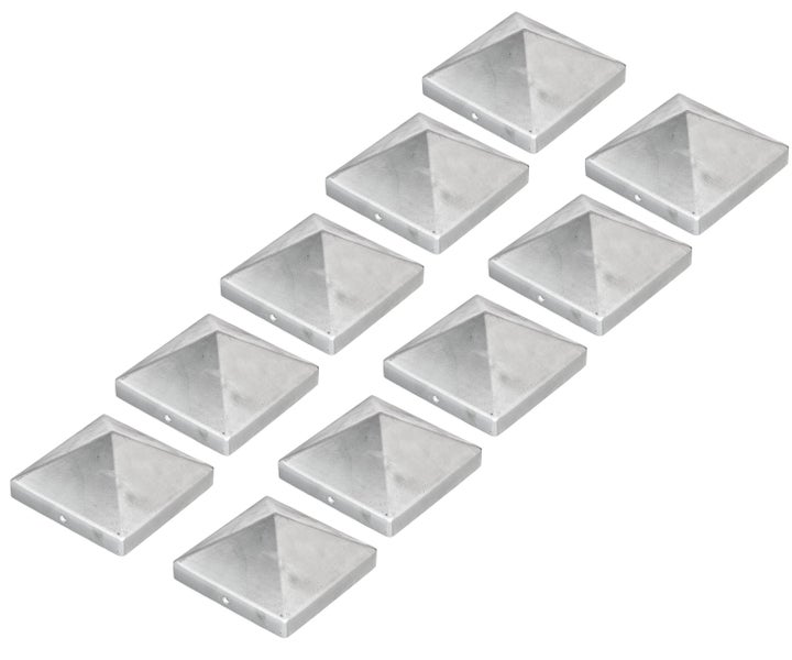 Set aus zehn quadratischen Pfostenkappen aus Metall mit pyramidenförmiger Spitze für den Zaunbau