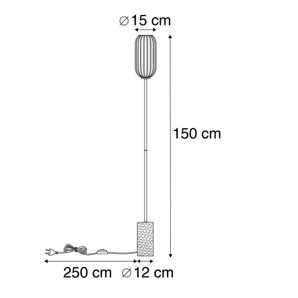 Abmessungen einer Stehlampe: 15 Zentimeter Lampenschirmdurchmesser, 150 Zentimeter Gesamthöhe, 12 Zentimeter Sockeldurchmesser und 250 Zentimeter Kabellänge