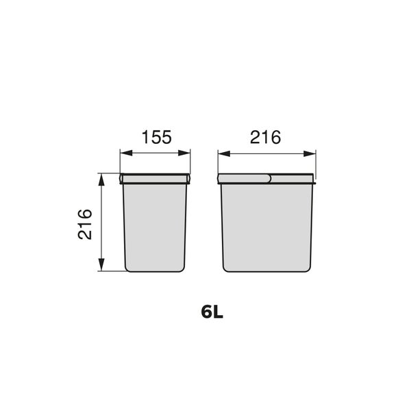 Technische Zeichnung eines 6-Liter-Eimers mit Maßen: Höhe 216 Millimeter, Breite 155 Millimeter und 216 Millimeter.