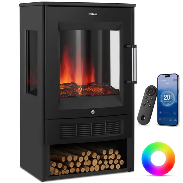 Elektrokamin mit Fernbedienung, Smartphone und Farbwechselring.