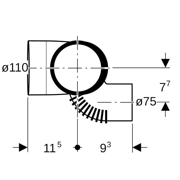 Technische Zeichnung eines Rohrformstücks mit Maßangaben für Durchmesser 110 Millimeter und 75 Millimeter.