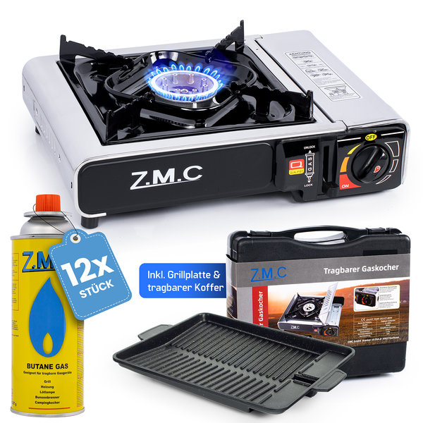 Z.M.C Edelstahl Gaskocher 1-flammig + Aufbewahrungskoffer + Grillplatte 33x26x4 cm, mit 12x Gaskartuschen 227g, Campingkocher für Outdoor und Innenraum, Campinggaskocher 2,2 kW, mit Piezozündung