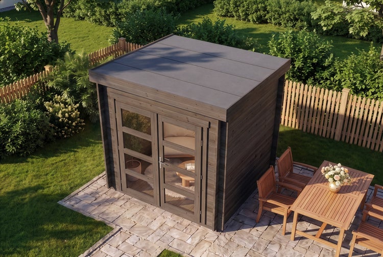 Modernes Gartenhaus aus Holz in Anthrazit mit Flachdach und Glasdoppeltür auf einer Steinterrasse in einem grünen Garten.