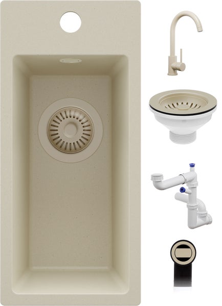 Einbauspüle-Set aus Granit-Verbundwerkstoff mit einem Becken, Küchenarmatur, Siebkorbventil, Siphon und Überlaufgarnitur.