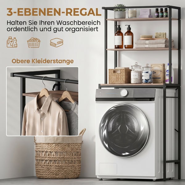 Waschmaschinenregal mit 3 Ebenen aus schwarzem Metall und Holz, inklusive oberer Kleiderstange, über einer Waschmaschine platziert.