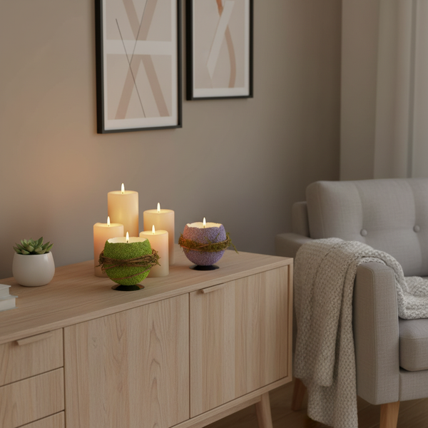 Sideboard mit brennenden Stumpenkerzen, dekorativen Kerzen, einer kleinen Pflanze und Bildern. Daneben ein grauer Sessel mit Decke.