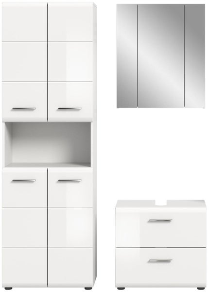 Dreiteiliges Badezimmermöbel-Set in Weiß-Hochglanz mit Hochschrank, Spiegelschrank und Waschbeckenunterschrank.