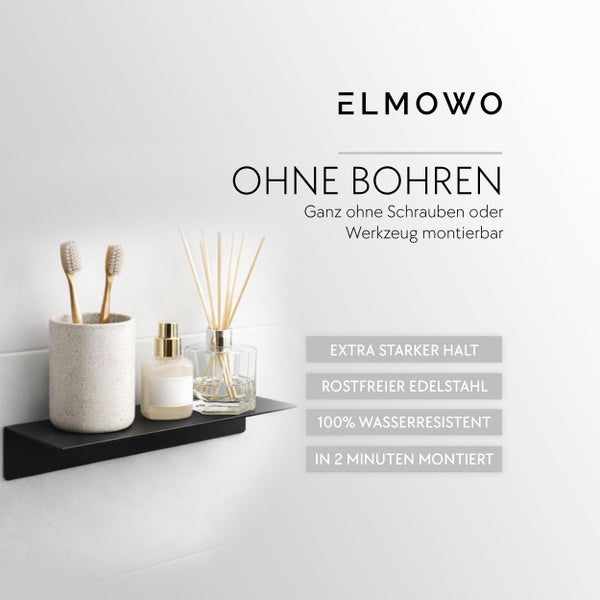 Schwarzes Badezimmerregal zur Wandmontage ohne Bohren mit Zahnbürstenhalter und Duftstäbchen im modernen Badezimmer.