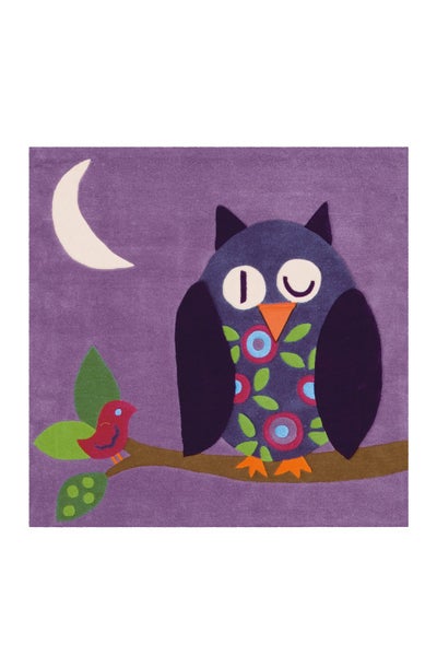 Kinderteppich mit Eulenmotiv und Mond auf einem Ast sitzend