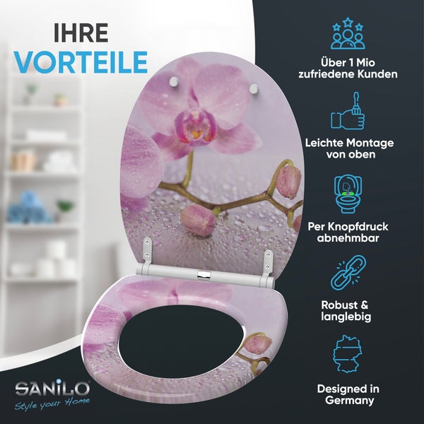 Sanilo WC-Sitz mit Orchideen-Motiv. Vorteile: Über eine Million zufriedene Kunden, einfache Montage, abnehmbar, robust, deutsches Design.