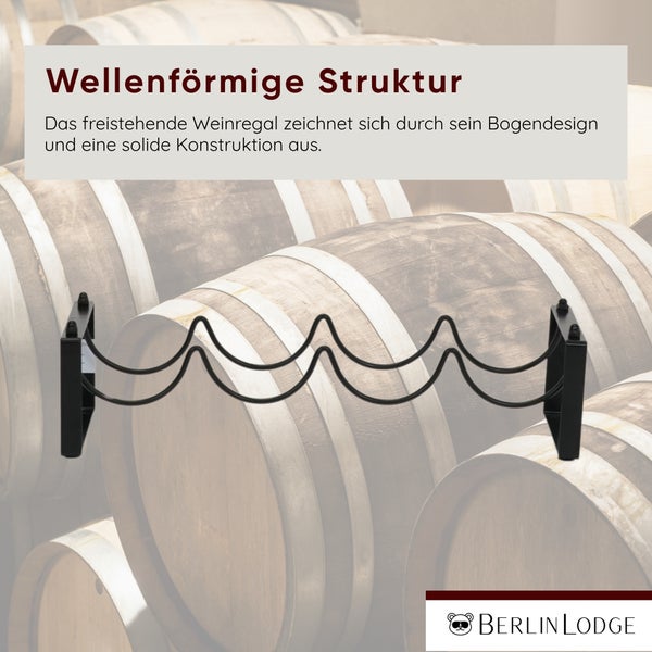 Wellenförmiges, schwarzes Weinregal-Element aus Metall für drei Flaschen, Berlin Lodge Logo.