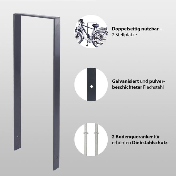 Fahrradständer für zwei Fahrräder aus verzinktem und pulverbeschichtetem Flachstahl mit Bodenankern für erhöhten Diebstahlschutz