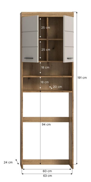 Badezimmer Hochschrank mit offenen Regalfächern und Schranktüren sowie Maßangaben, Holzoptik, Höhe 191 Zentimeter
