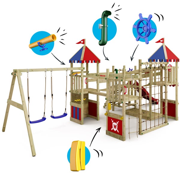 WICKEY Spielturm Ritterburg Smart Queen mit Schaukel und Rutsche, Spielhaus mit Sandkasten, Kletterleiter und Spiel-Zubehör - rot